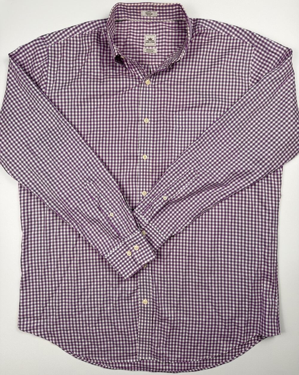 Peter Millar Nanoluxe Easycare Mens L Purple and White Gingham Long Sleeve Shirt